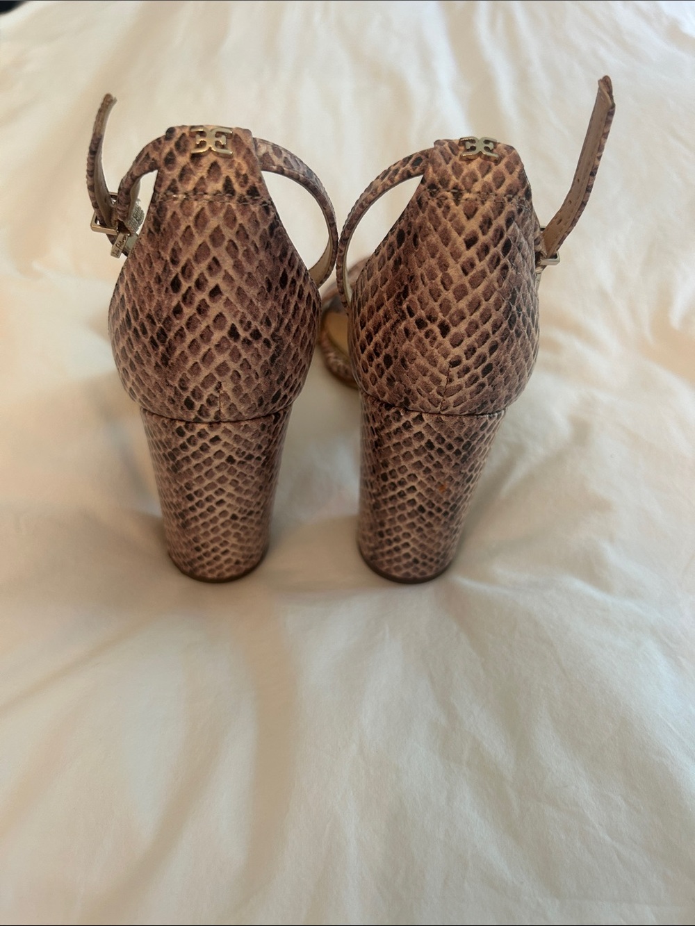 Sam Edelman Taupe Snake-Print Ankle-Strap Block Heels - Picture 2 of 4